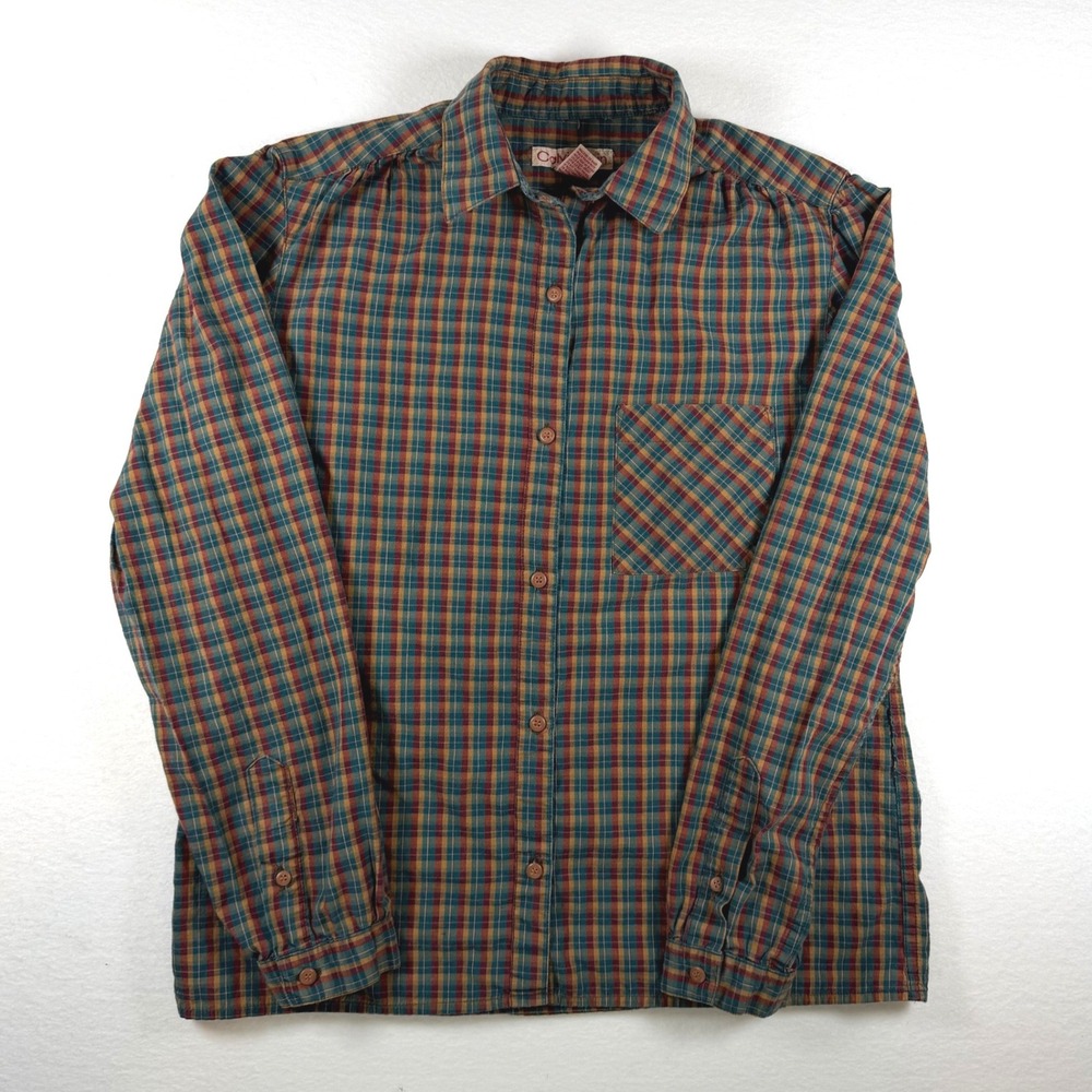 Vintage Calvin Klein Womens Plaid Button Down Shirt Cotton Teal‎ Mustard Size 8